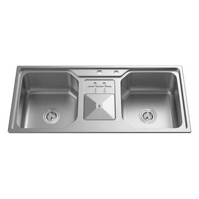 stainless steel double bowl sink with leakproof wastebin for kitchen